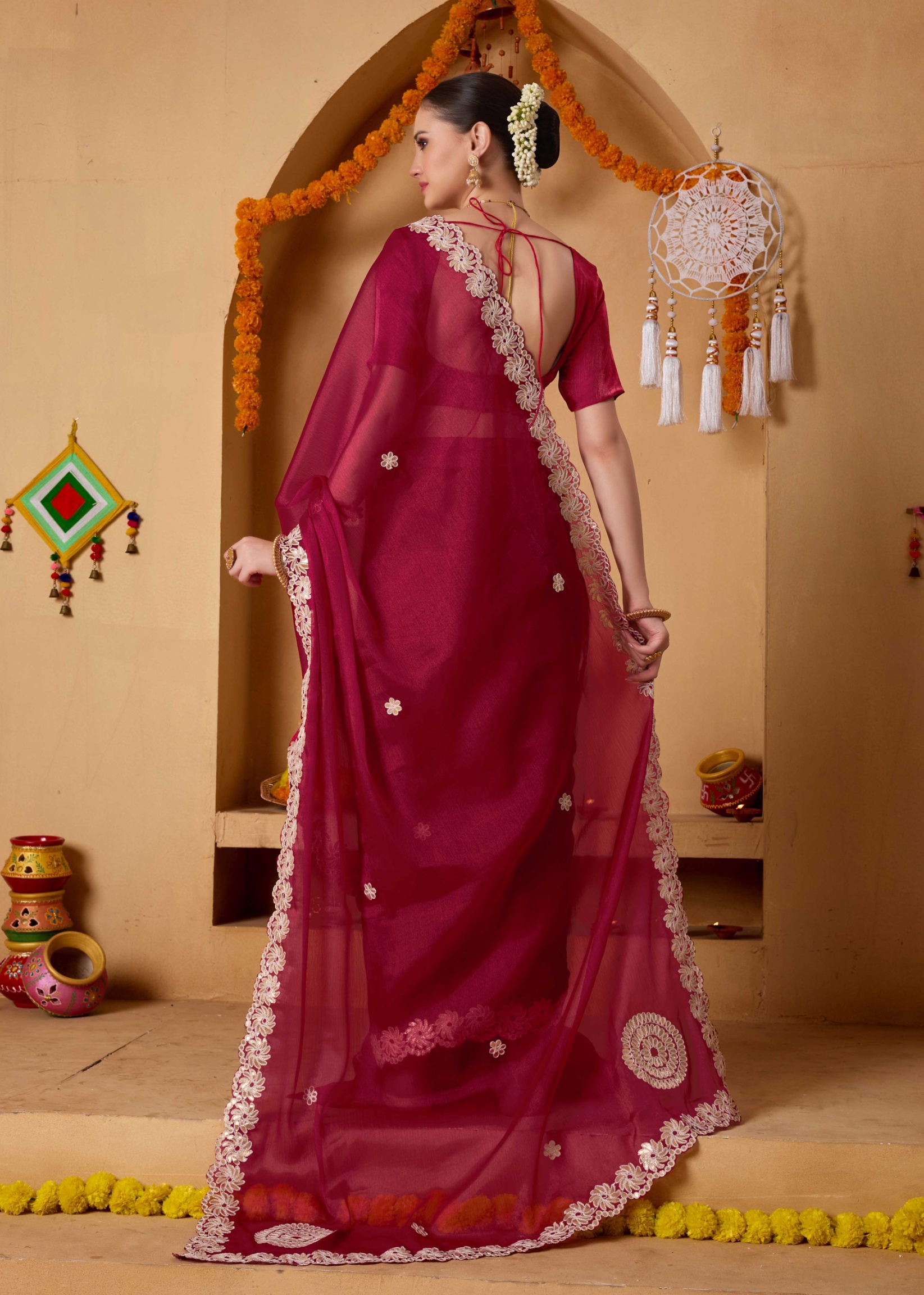Red Mirror Work Tissue Ready To Wear Saree — alternate view