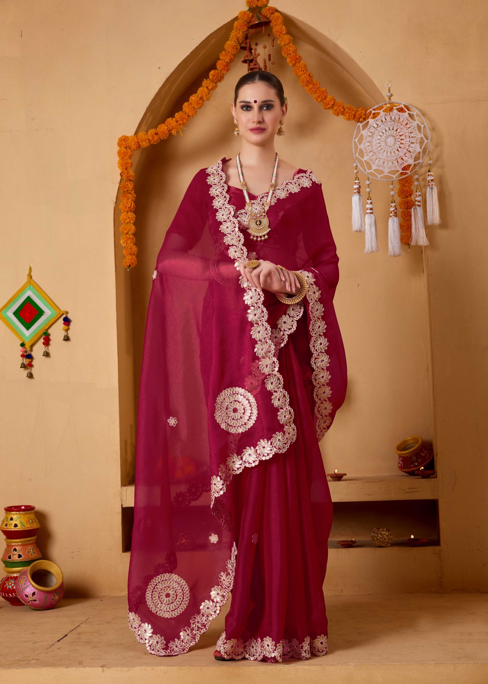Red Mirror Work Tissue Ready To Wear Saree