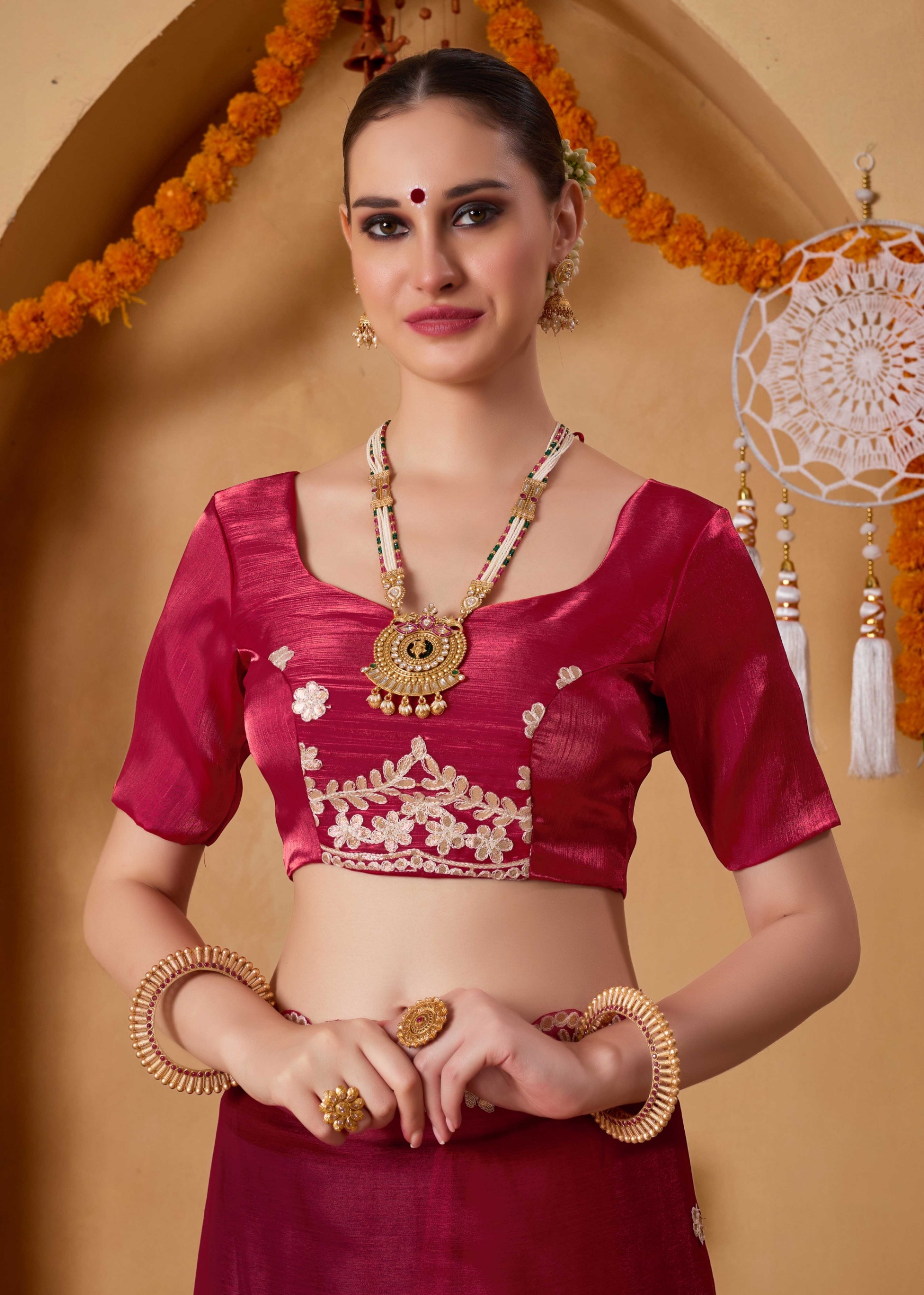 Red Mirror Work Tissue Ready To Wear Saree