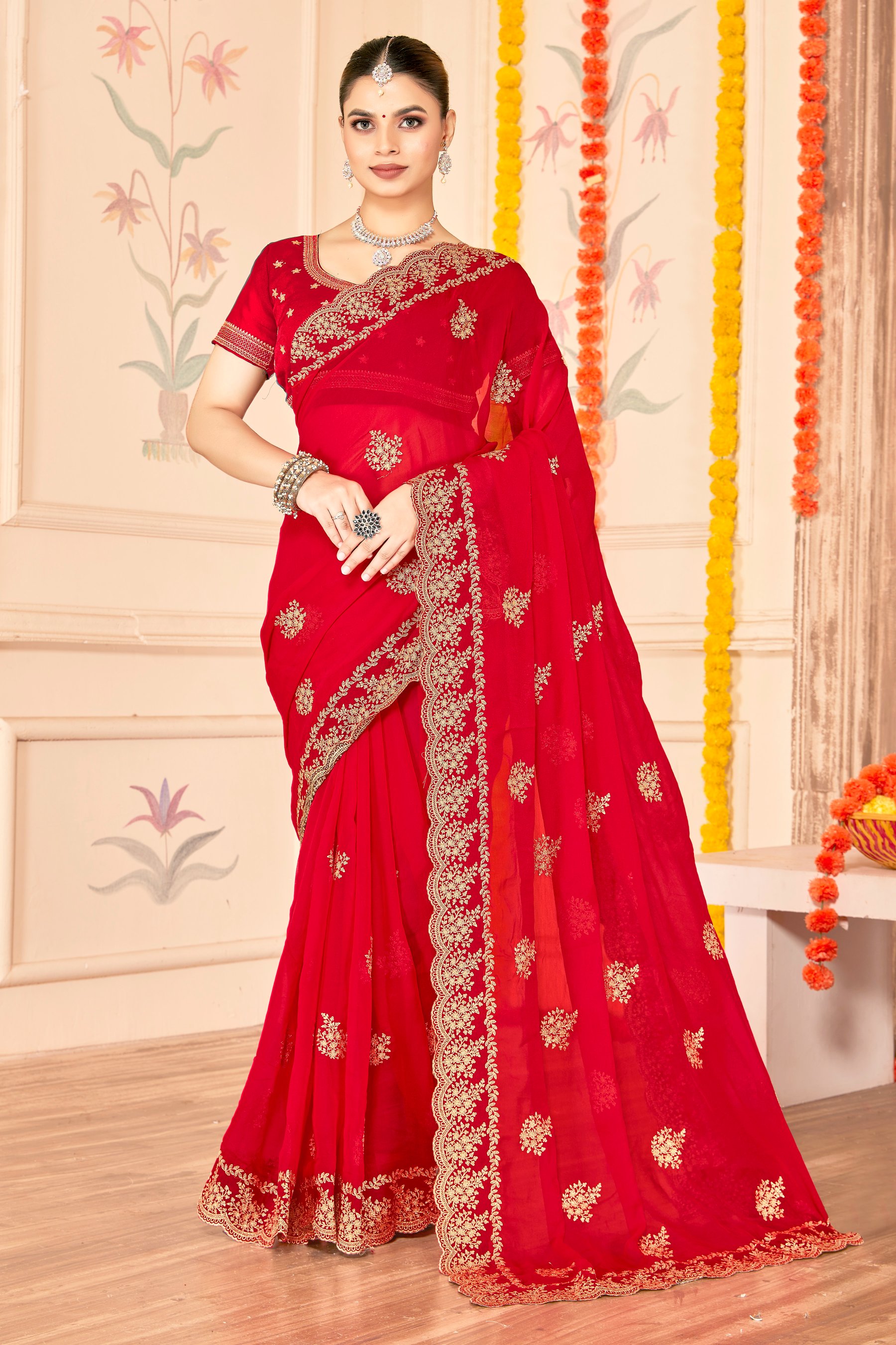 Red Moss Silk Zari Saree