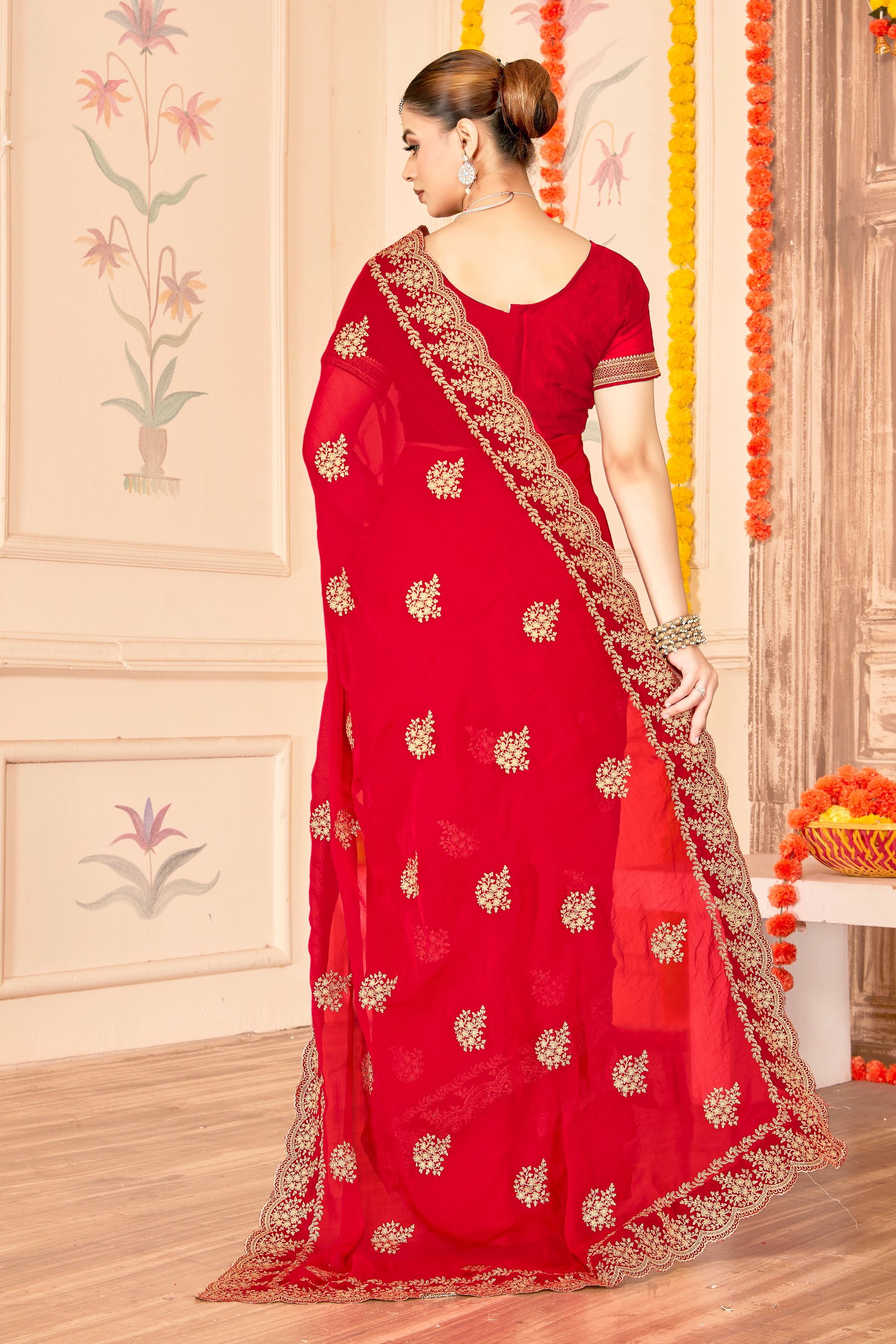 Red Moss Silk Zari Saree — alternate view