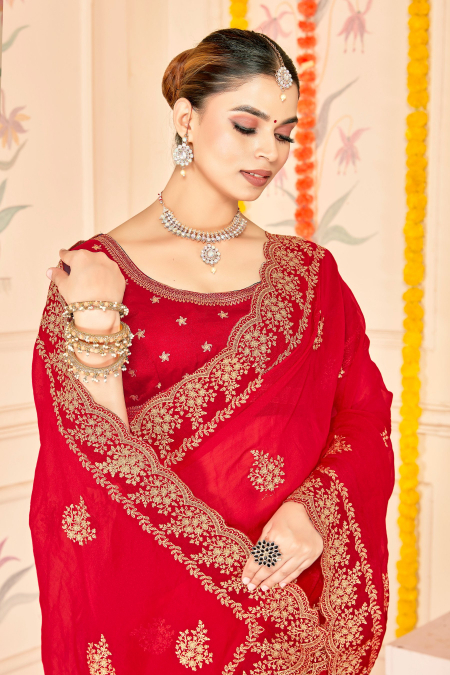 Red Moss Silk Zari Saree