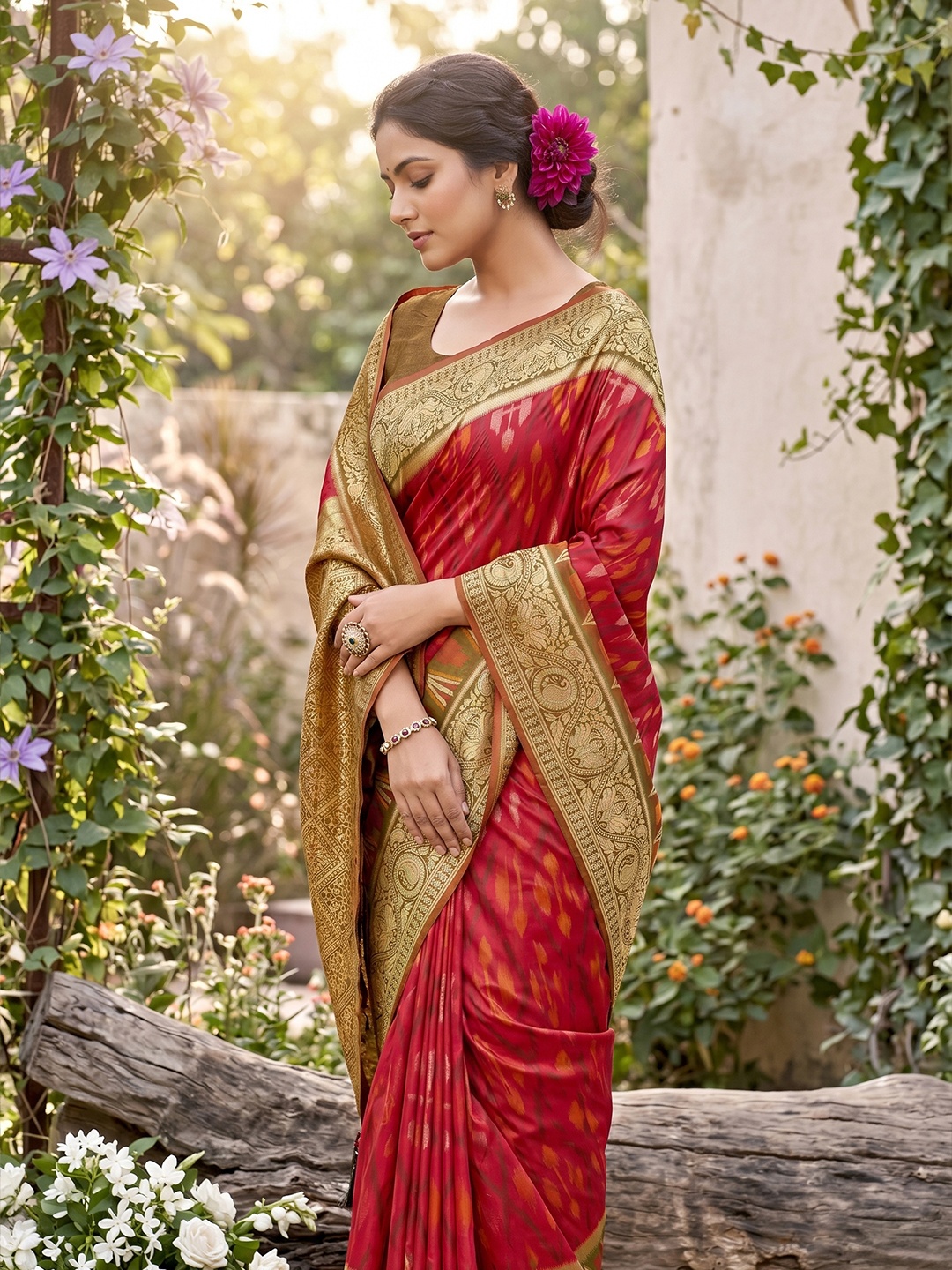 Red Motif Woven Soft Silk Saree
