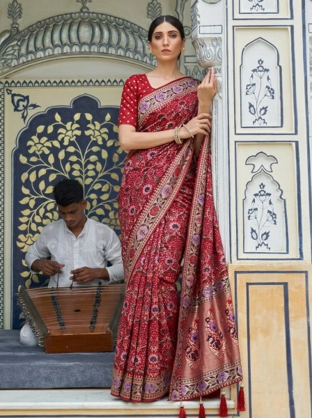Red Mughal Weaving Soft Khadi Georgette Saree