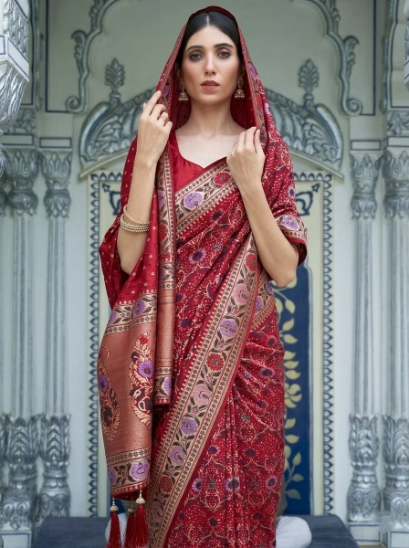 Red Mughal Weaving Soft Khadi Georgette Saree — alternate view