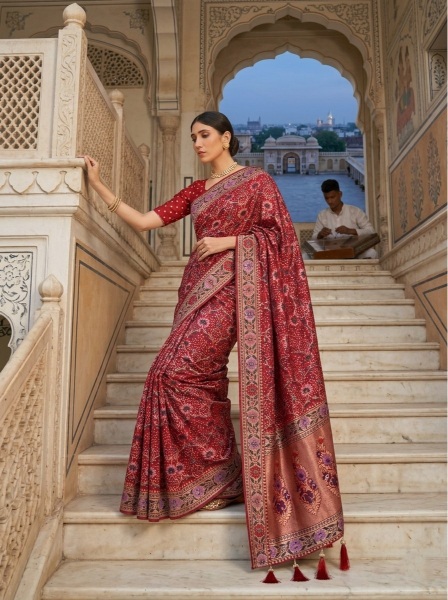 Red Mughal Weaving Soft Khadi Georgette Saree