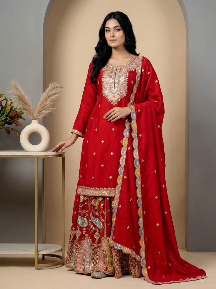 Red Multi-Thread Embroidered Heavy Chinon Silk Sharara Suit