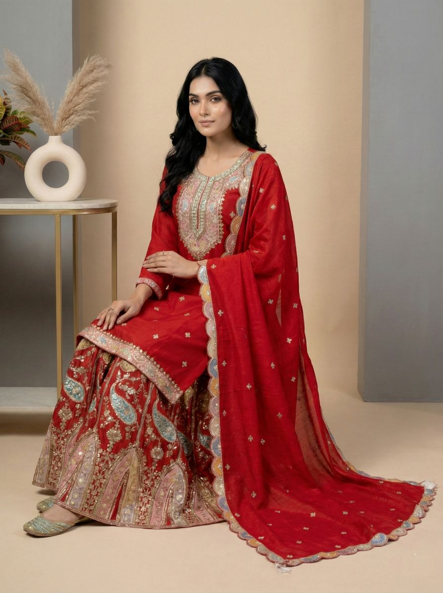 Red Multi-Thread Embroidered Heavy Chinon Silk Sharara Suit — alternate view