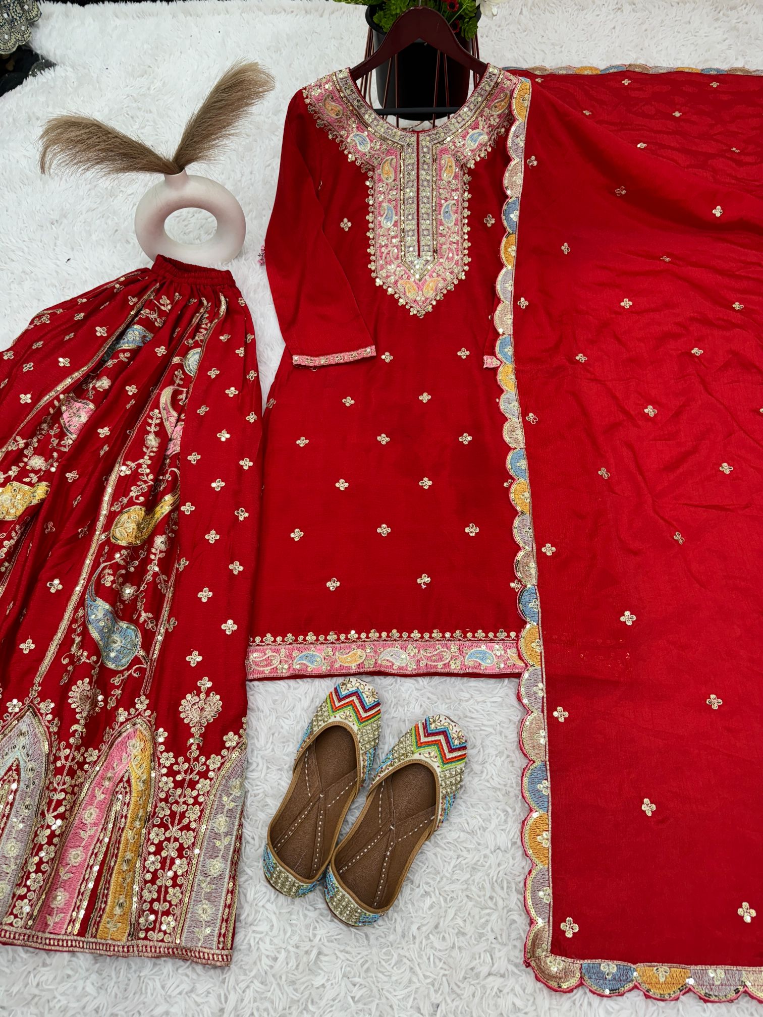 Red Multi-Thread Embroidered Heavy Chinon Silk Sharara Suit