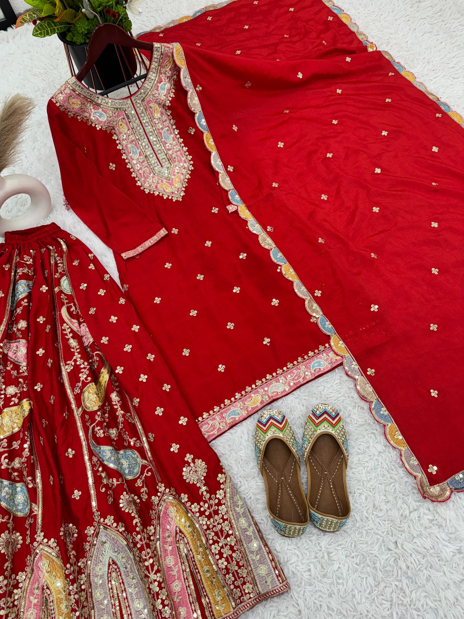 Red Multi-Thread Embroidered Heavy Chinon Silk Sharara Suit