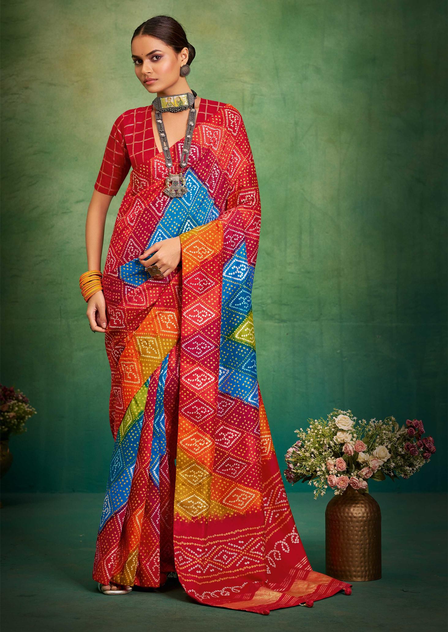 Red Multi Velvet Tussar Silk Saree