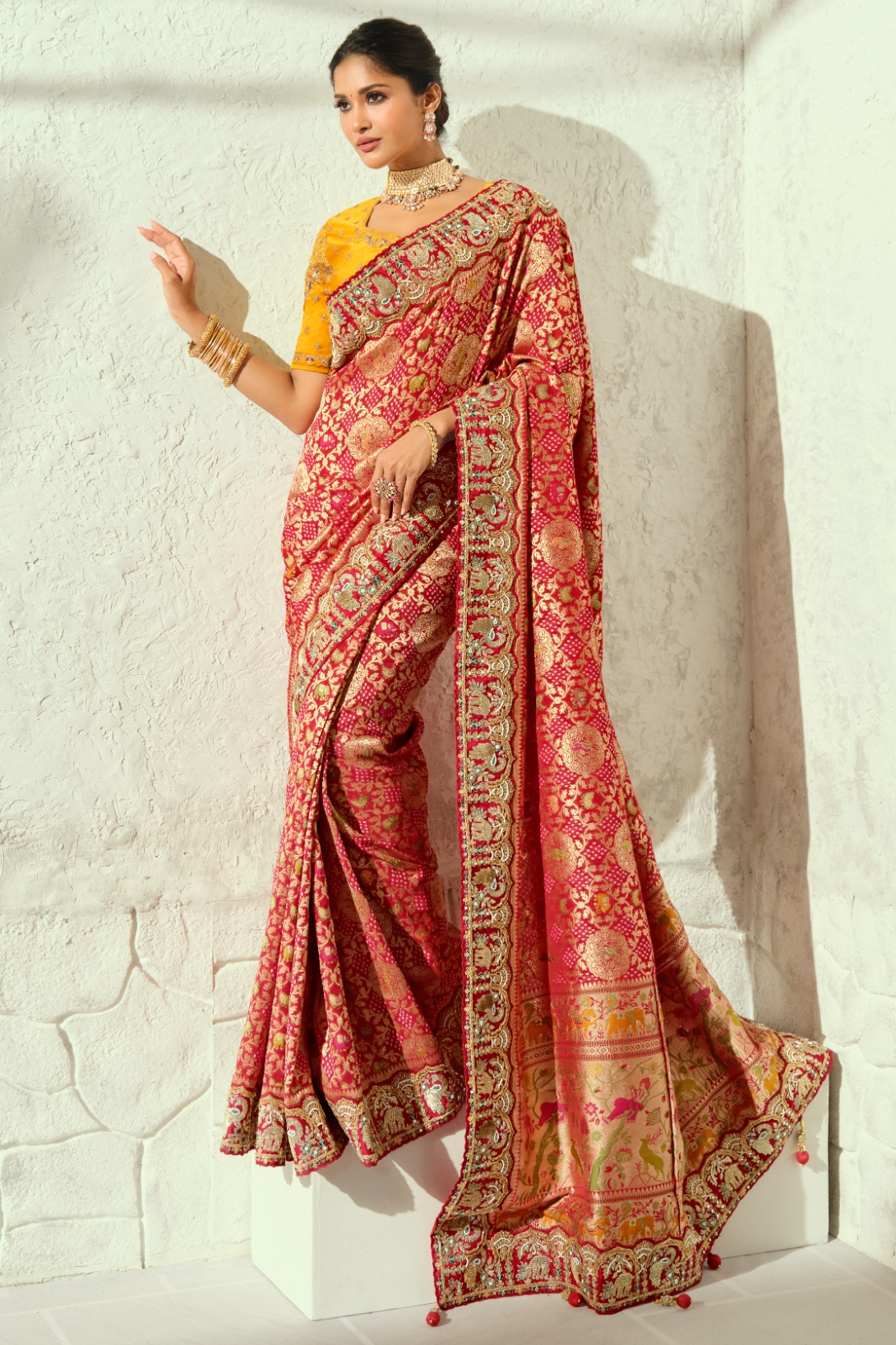 Red Mustard Bandhej Cut-Dana Work Georgette Saree