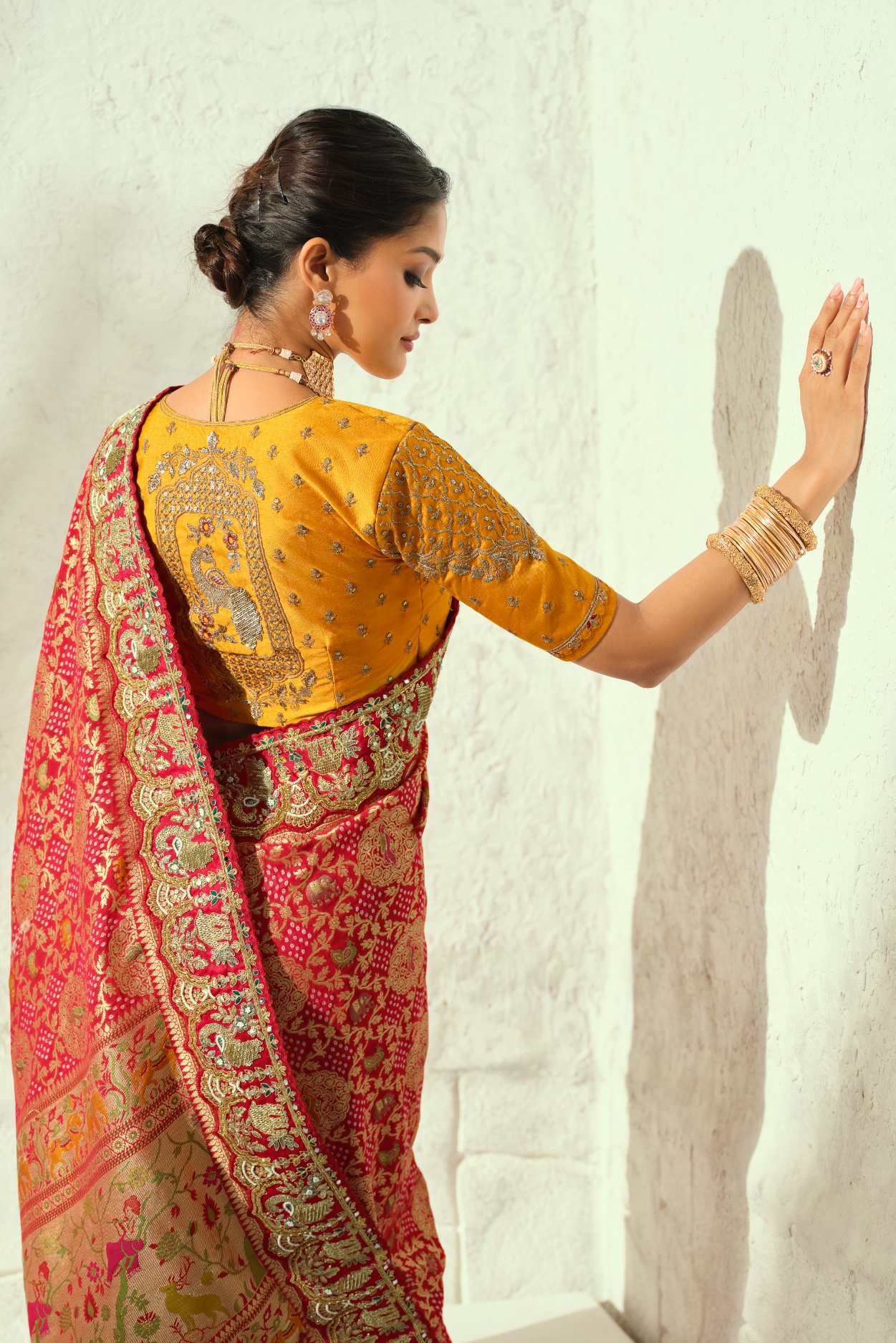 Red Mustard Bandhej Cut-Dana Work Georgette Saree — alternate view