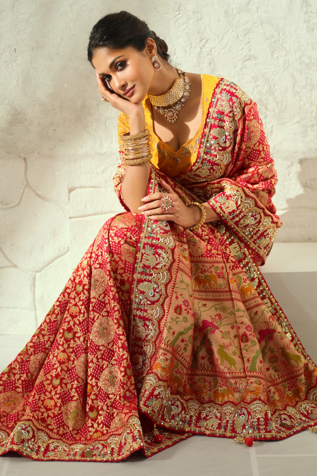 Red Mustard Bandhej Cut-Dana Work Georgette Saree