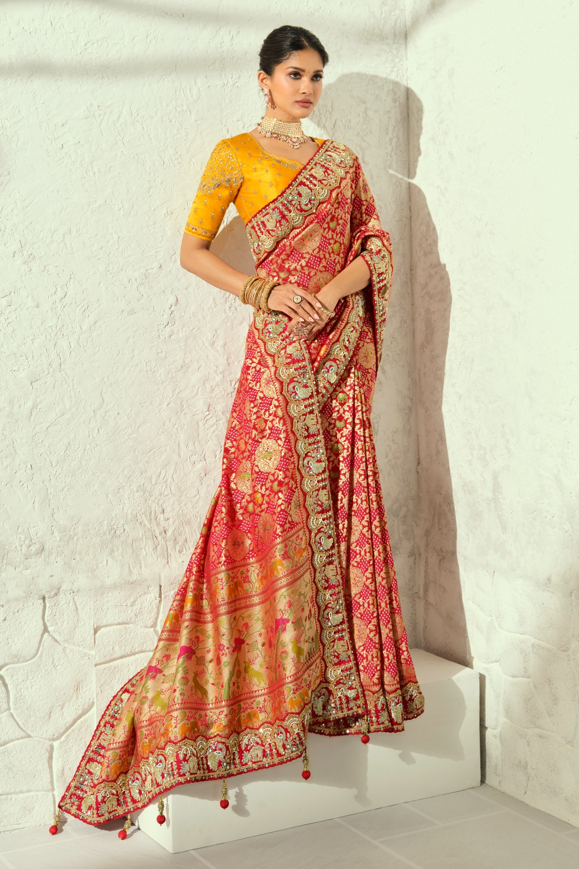 Red Mustard Bandhej Cut-Dana Work Georgette Saree