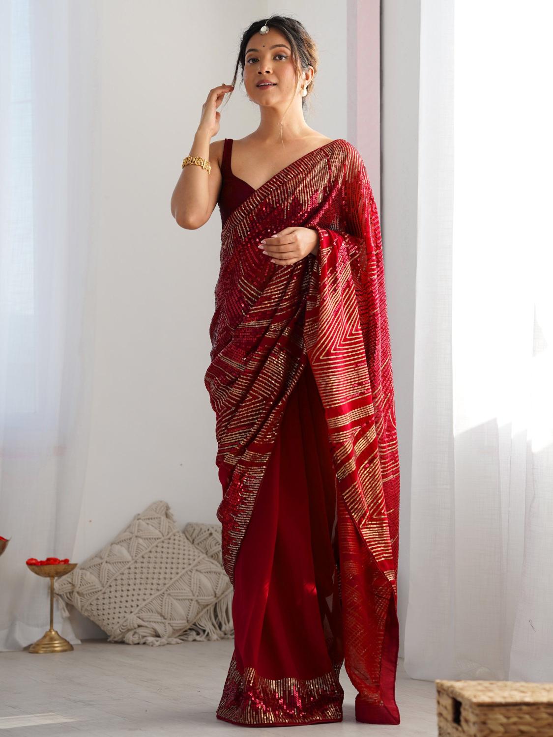 Red N Gold Patterned Sequin Georgette Designer Embroidered Saree