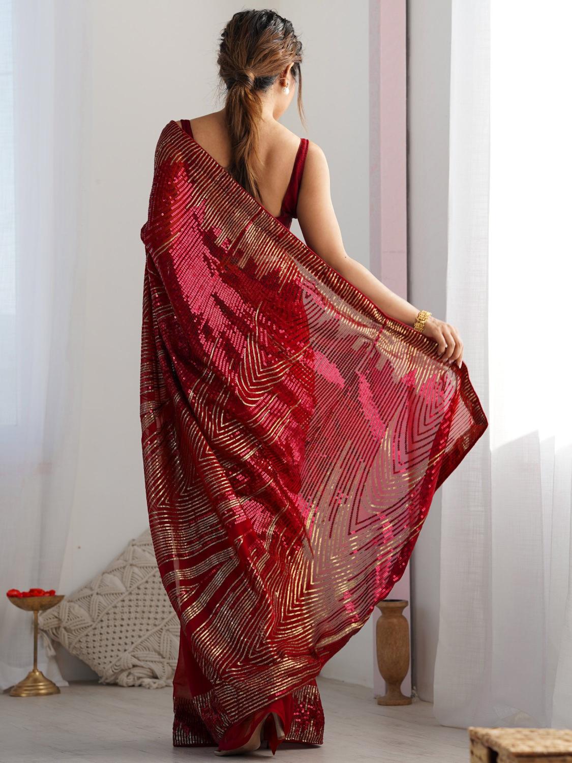 Red N Gold Patterned Sequin Georgette Designer Embroidered Saree — alternate view