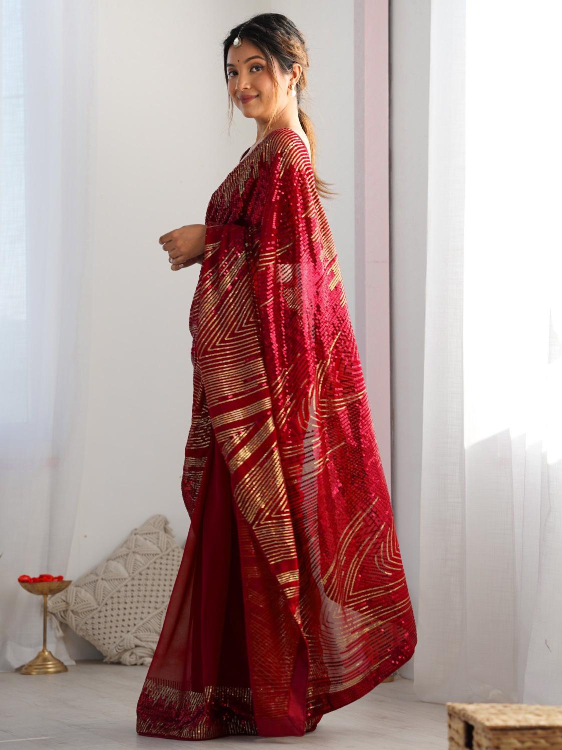 Red N Gold Patterned Sequin Georgette Designer Embroidered Saree