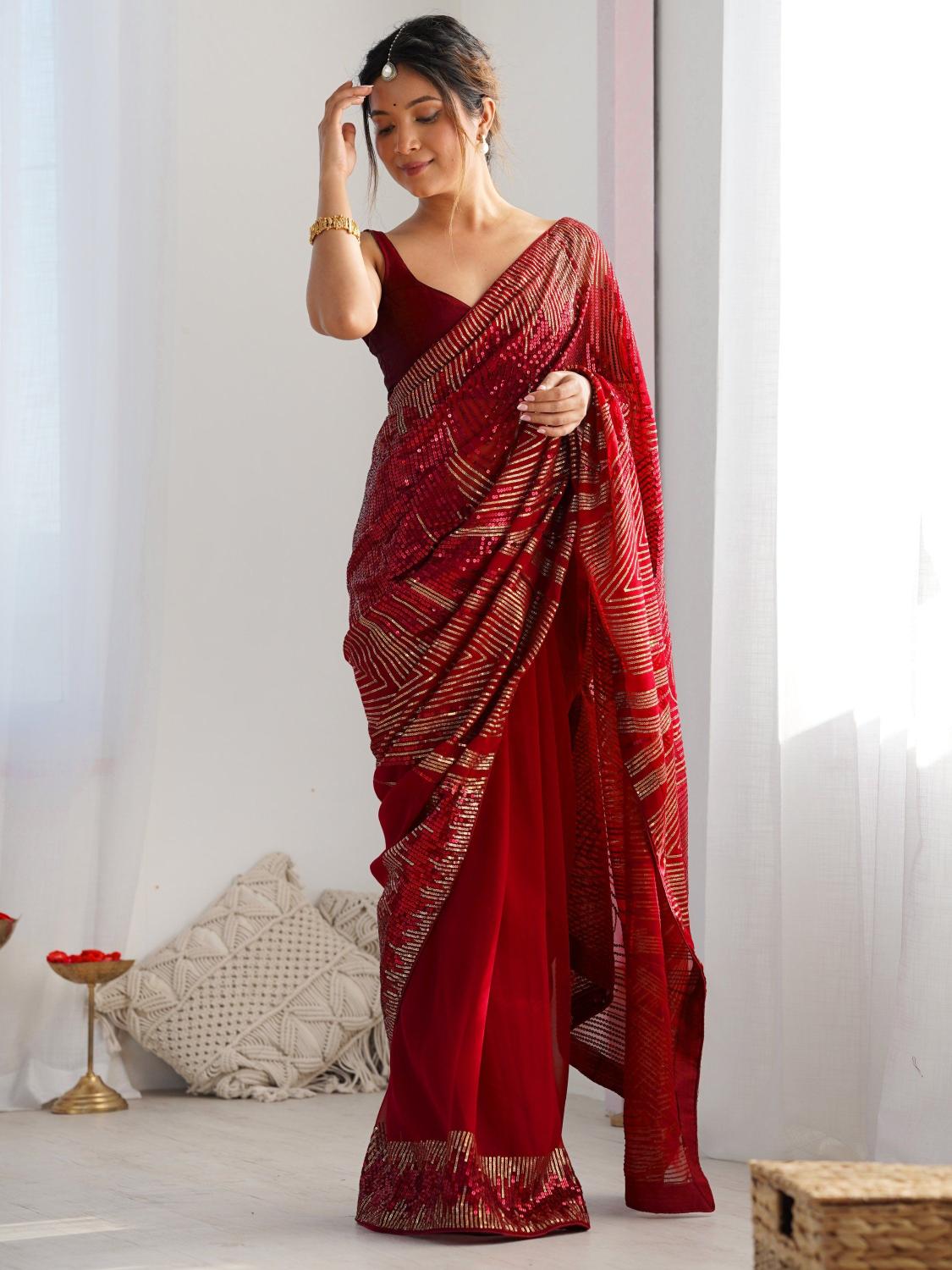 Red N Gold Patterned Sequin Georgette Designer Embroidered Saree