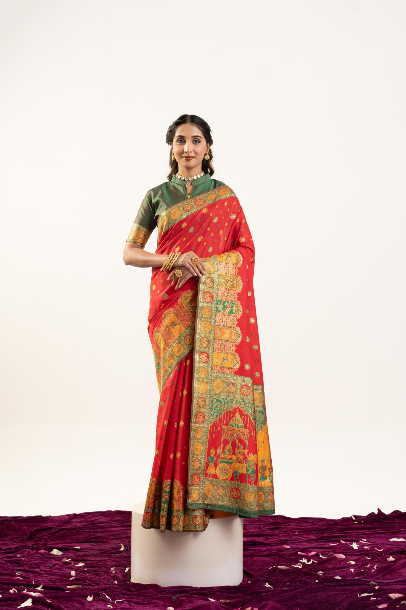 Red N Green Banarasi Pashmina Silk Saree