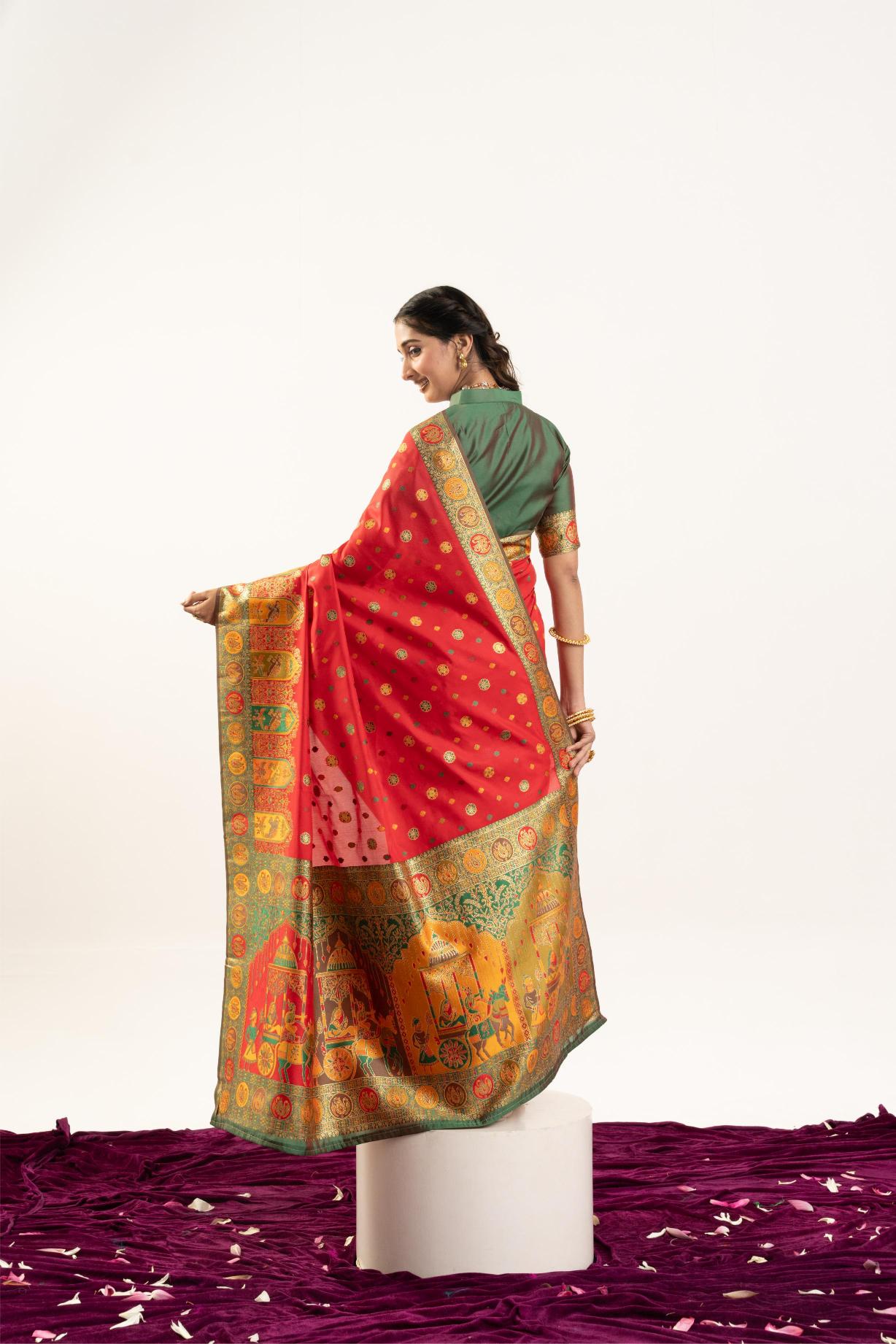 Red N Green Banarasi Pashmina Silk Saree — alternate view
