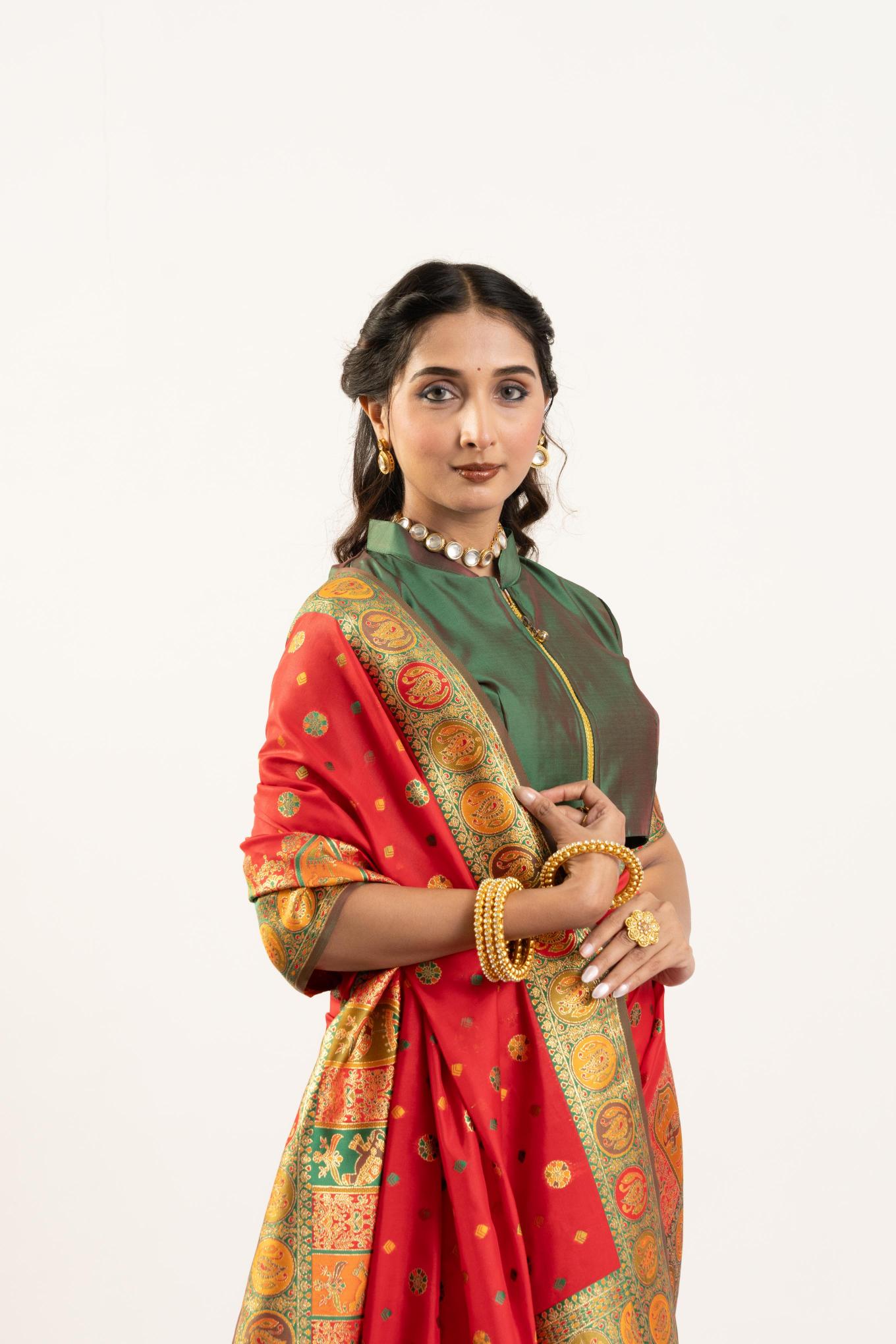 Red N Green Banarasi Pashmina Silk Saree