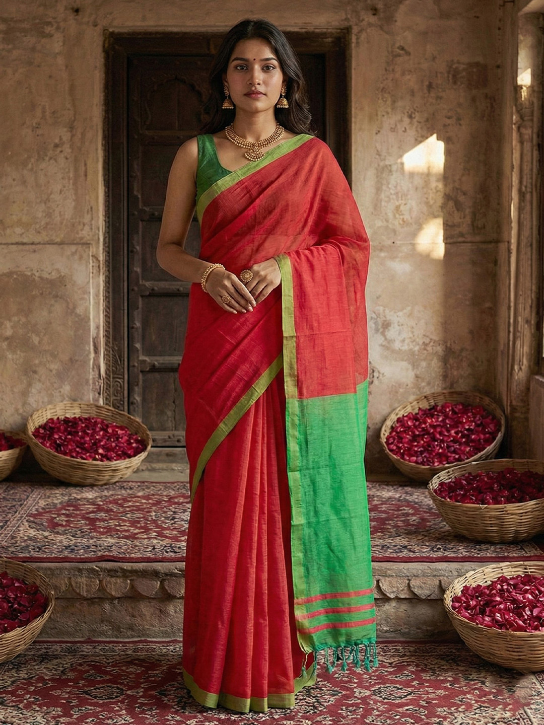Red N Green Woven Designer Cotton Saree