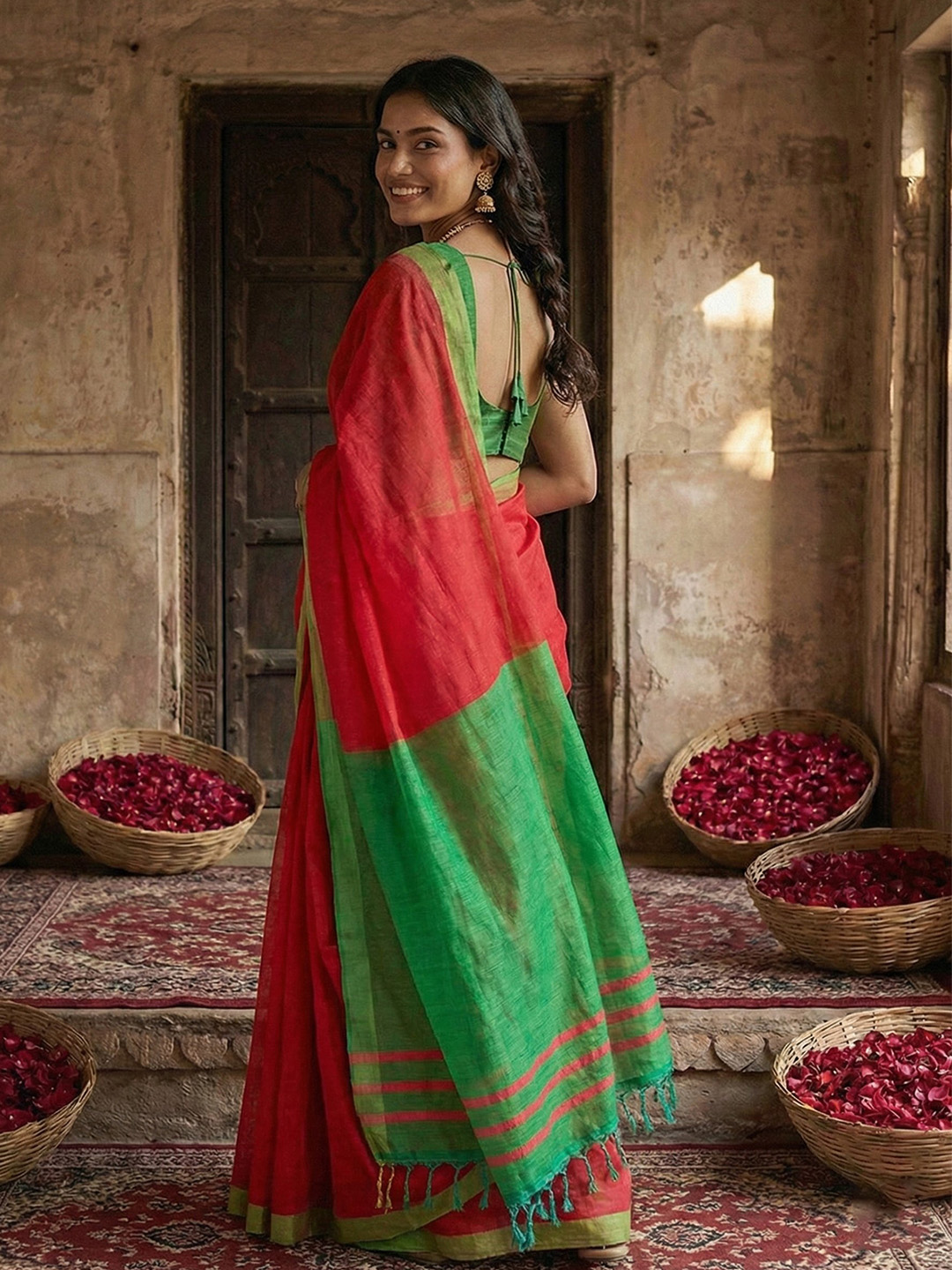Red N Green Woven Designer Cotton Saree — alternate view