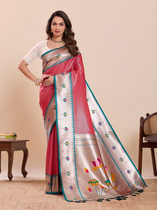 Red Off White Zari Designer Soft Silk Saree