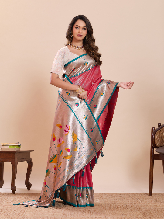 Red Off White Zari Designer Soft Silk Saree