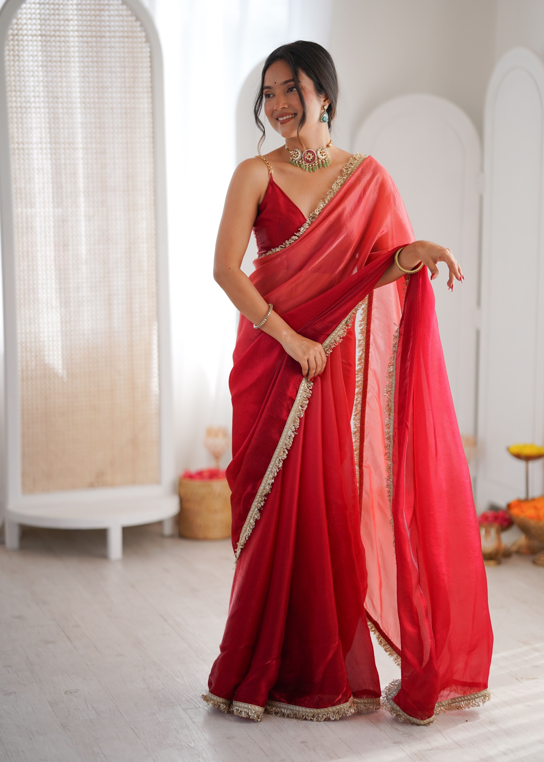 Red Ombre Lace Fendy Satin Saree