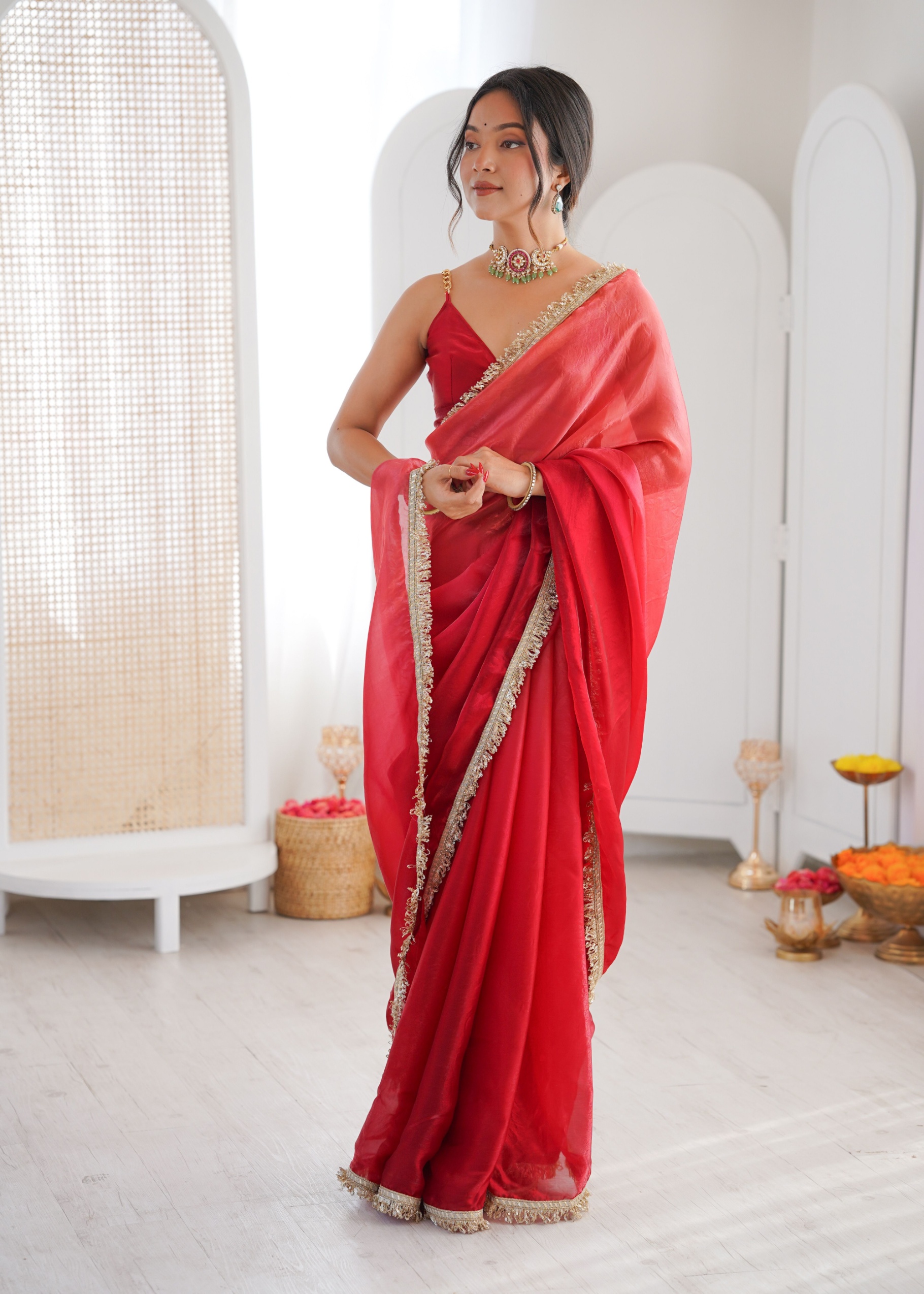 Red Ombre Lace Fendy Satin Saree — alternate view