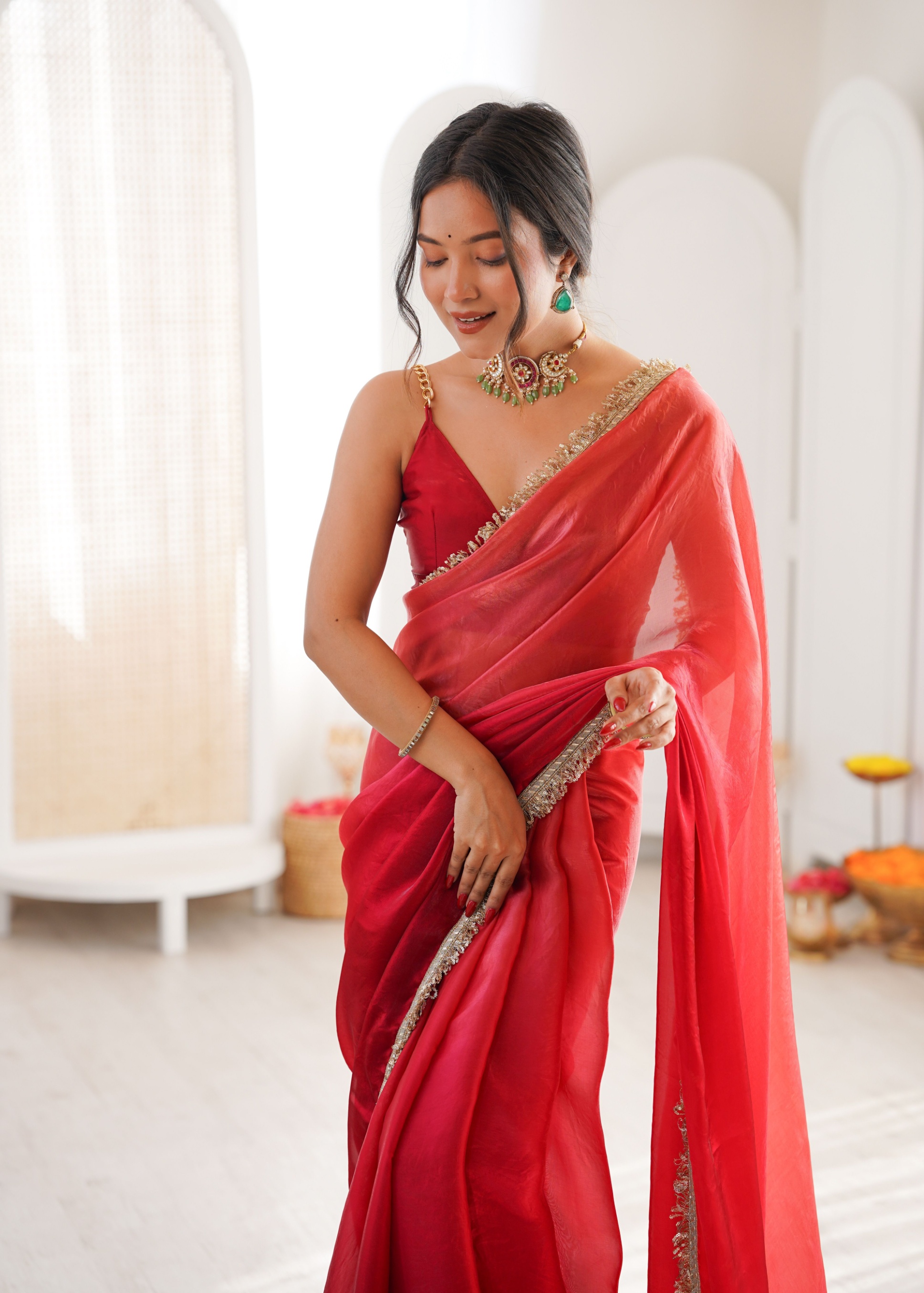 Red Ombre Lace Fendy Satin Saree