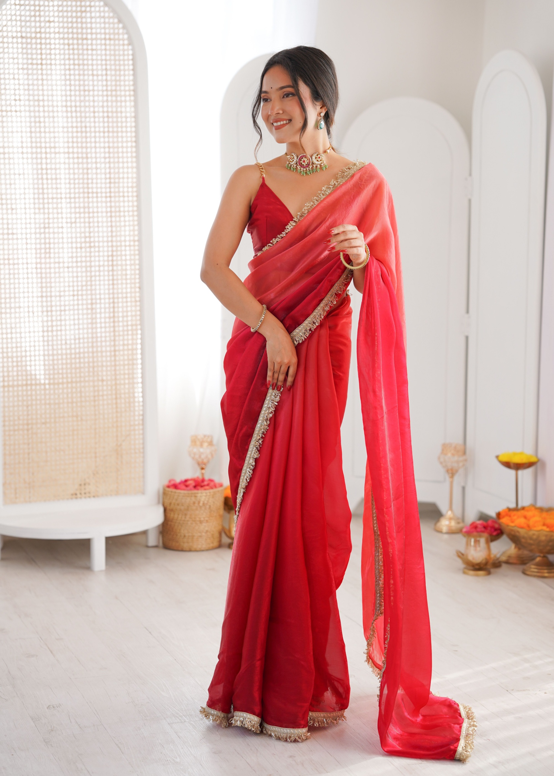 Red Ombre Lace Fendy Satin Saree