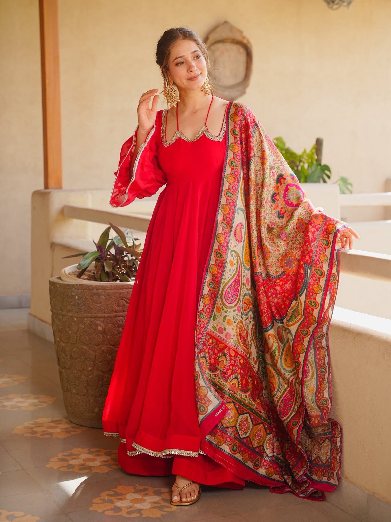 Red Paisley Embroidered Georgette Anarkali Suit