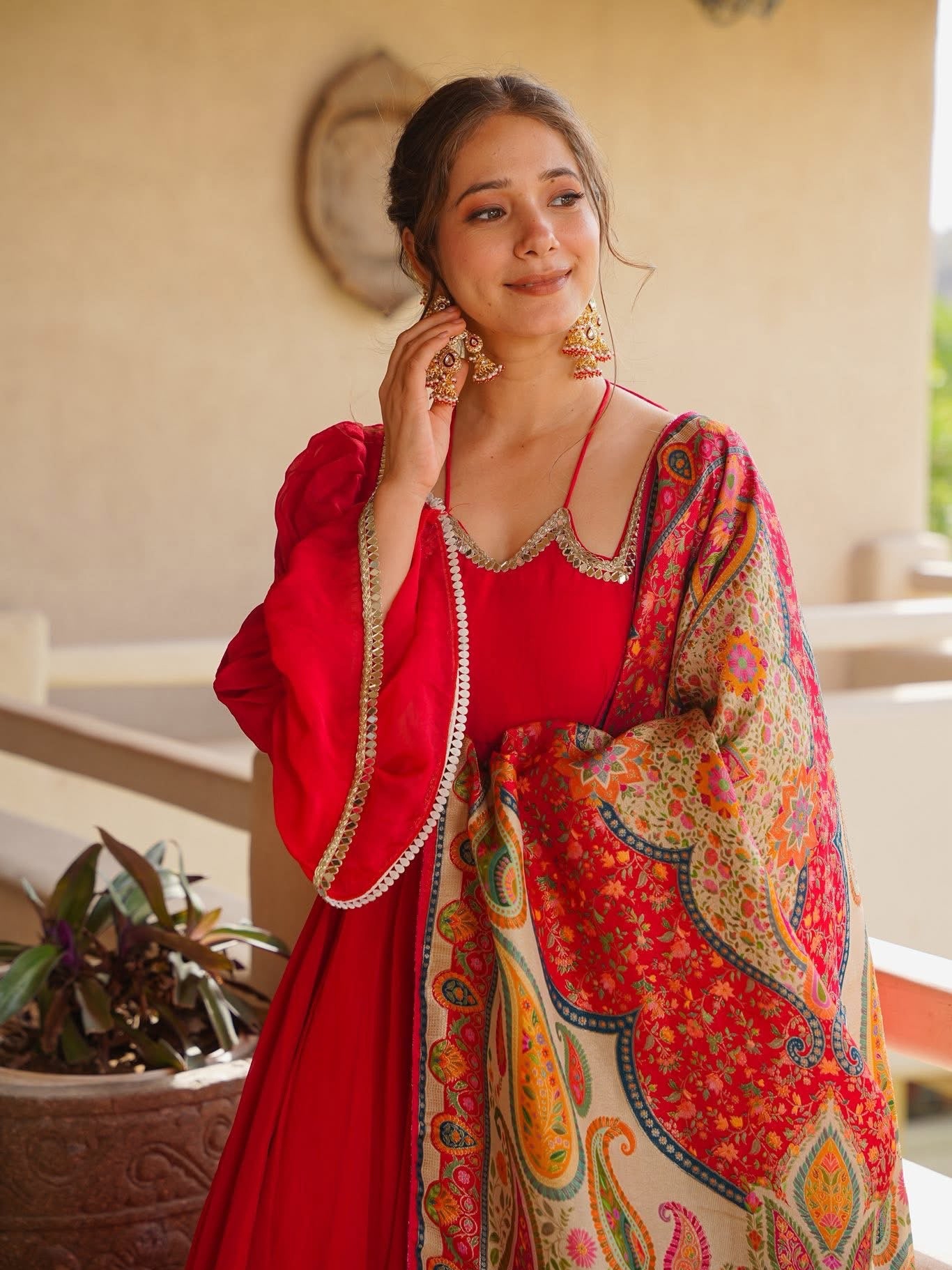 Red Paisley Embroidered Georgette Anarkali Suit