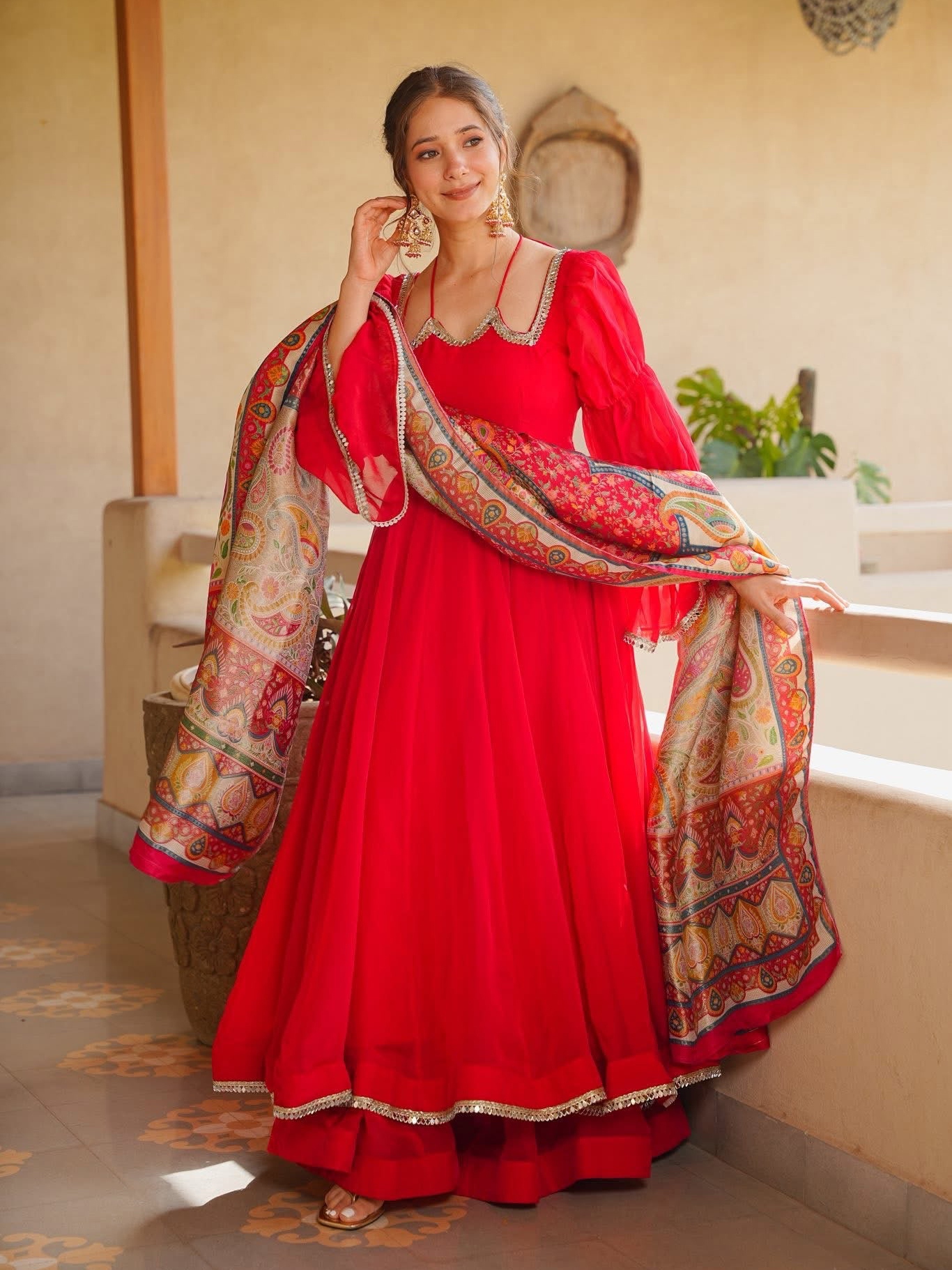 Red Paisley Embroidered Georgette Anarkali Suit