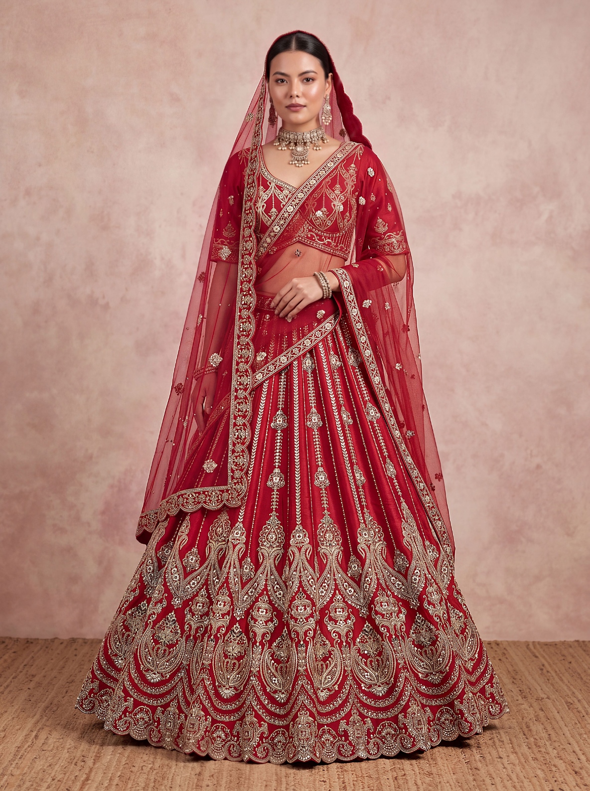Red Paisley Sequins Silk Bridal Lehenga Choli