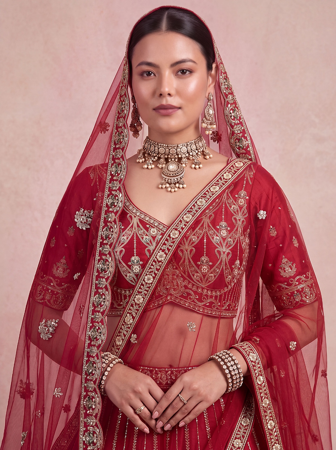 Red Paisley Sequins Silk Bridal Lehenga Choli
