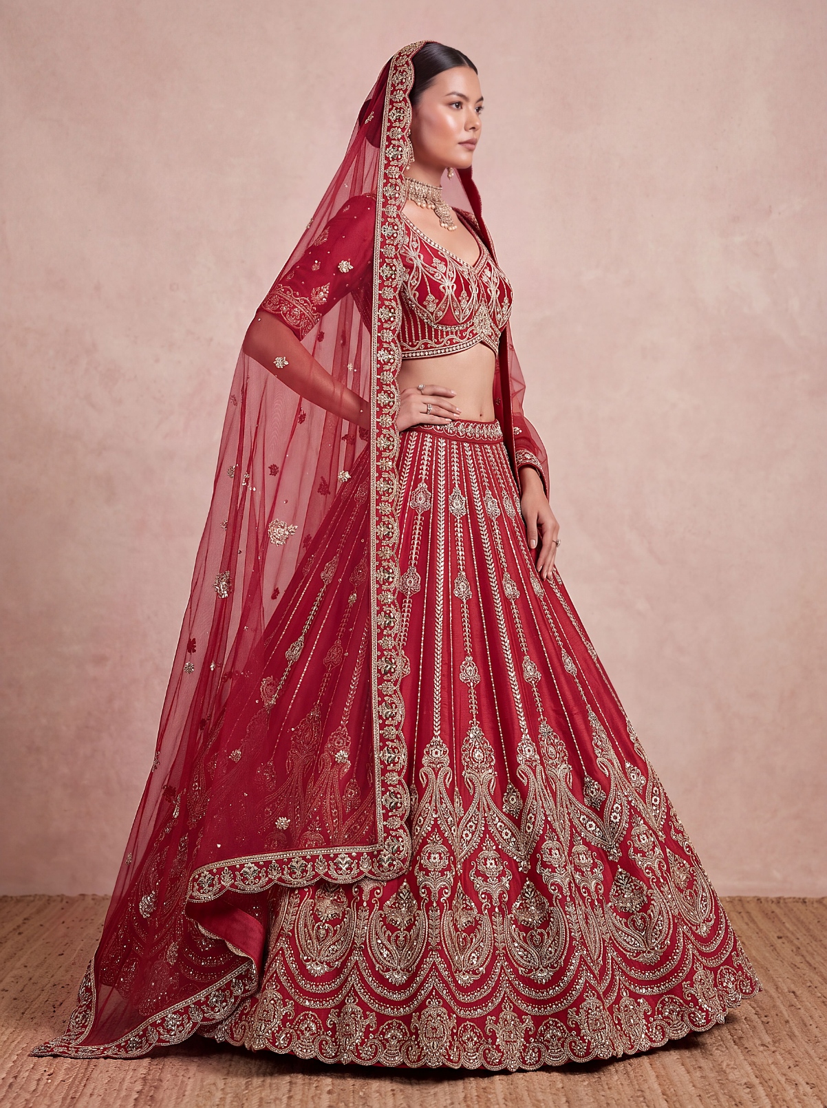 Red Paisley Sequins Silk Bridal Lehenga Choli
