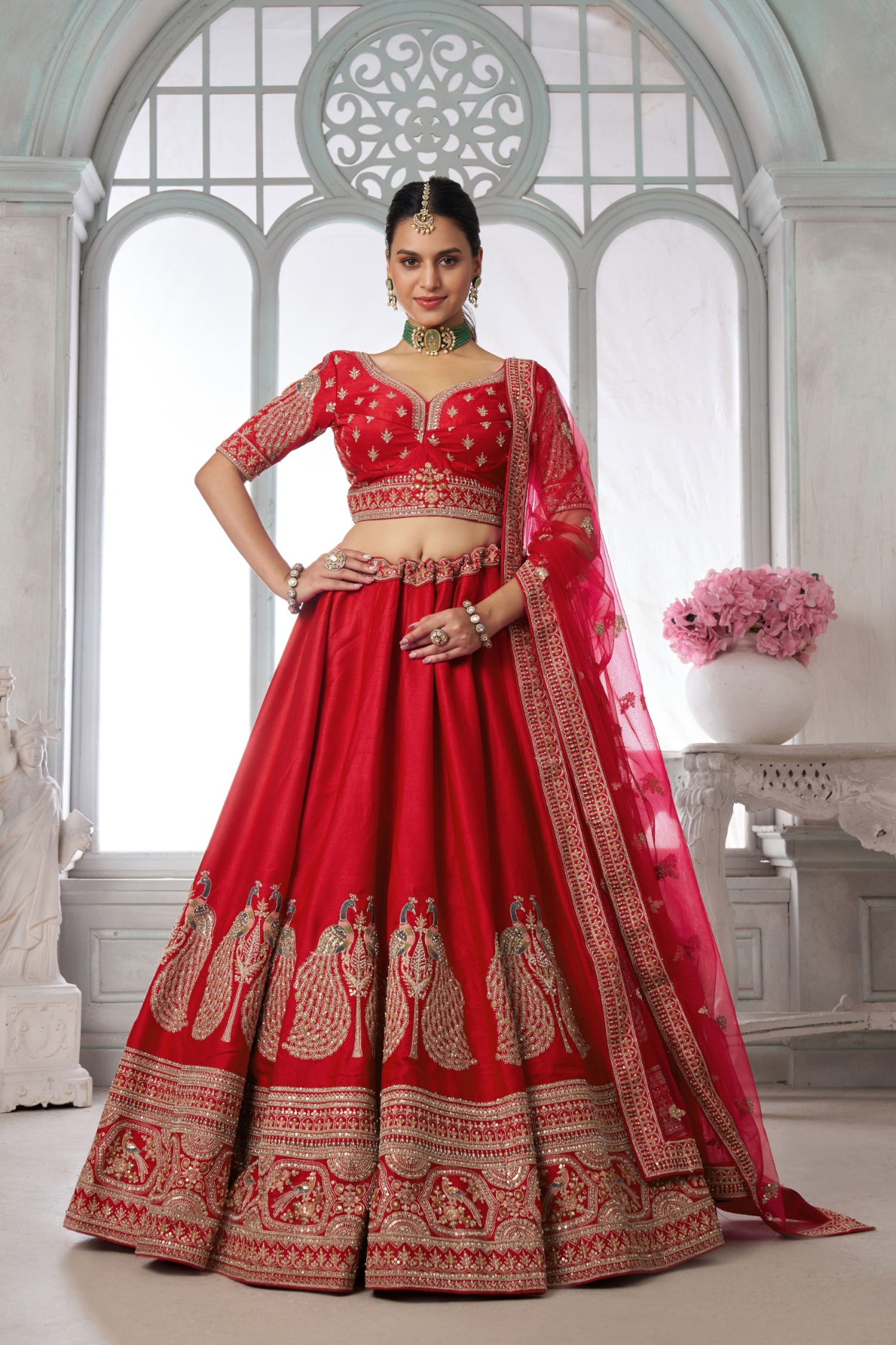 Red Peacock Embroidered Silk Lehenga Choli