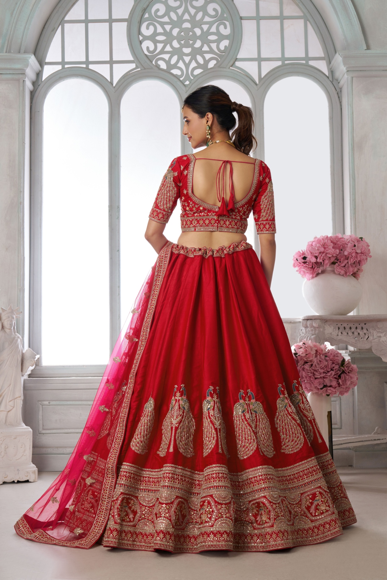 Red Peacock Embroidered Silk Lehenga Choli — alternate view