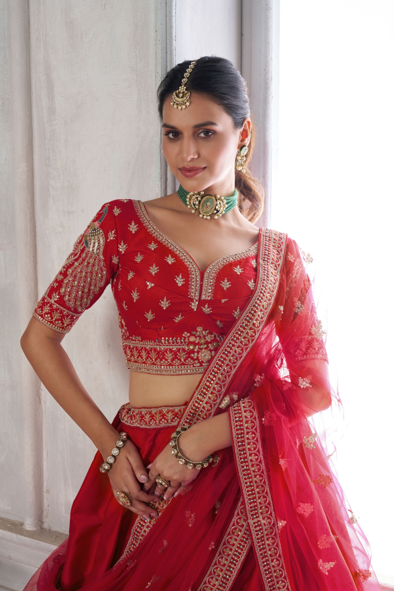 Red Peacock Embroidered Silk Lehenga Choli