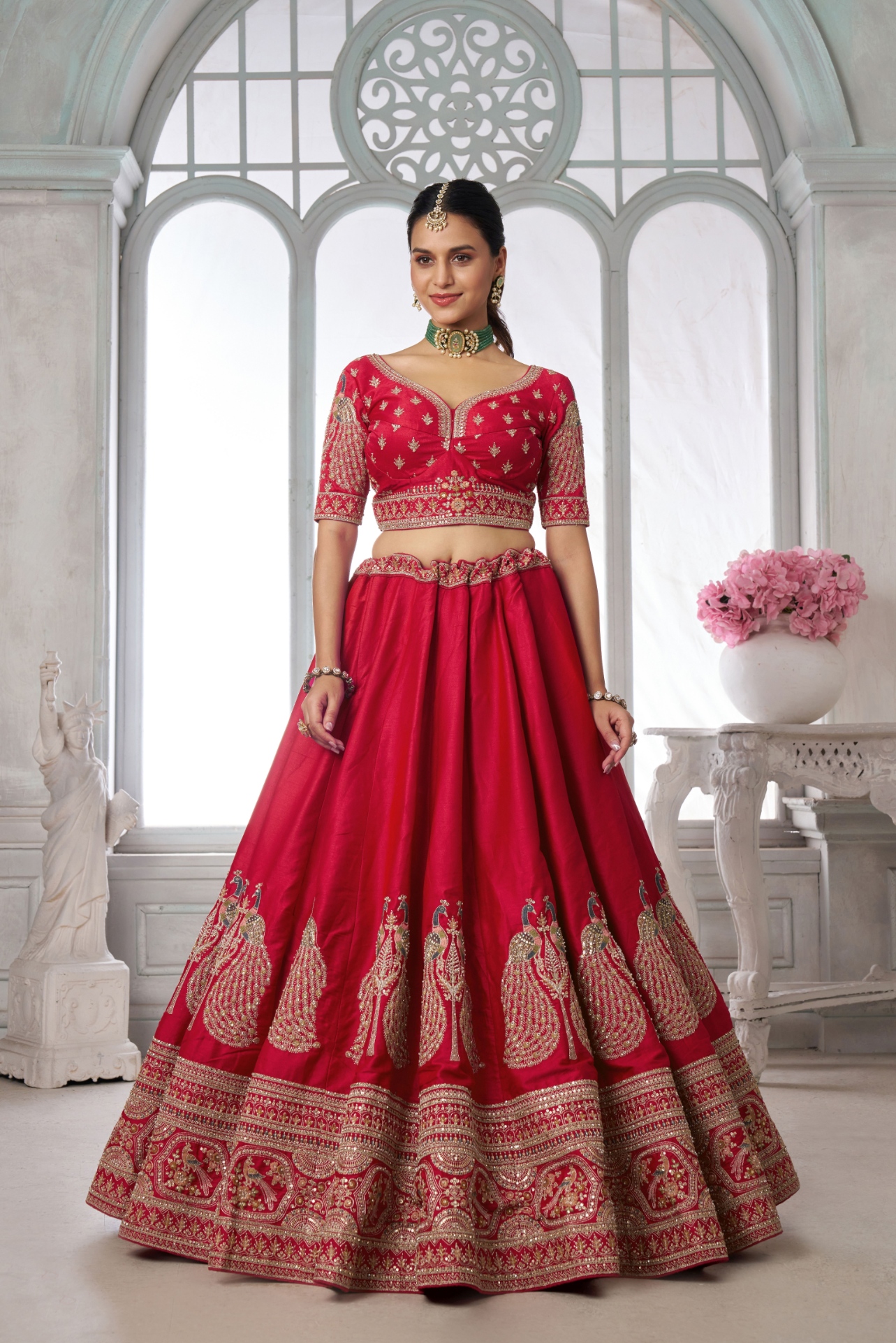 Red Peacock Embroidered Silk Lehenga Choli