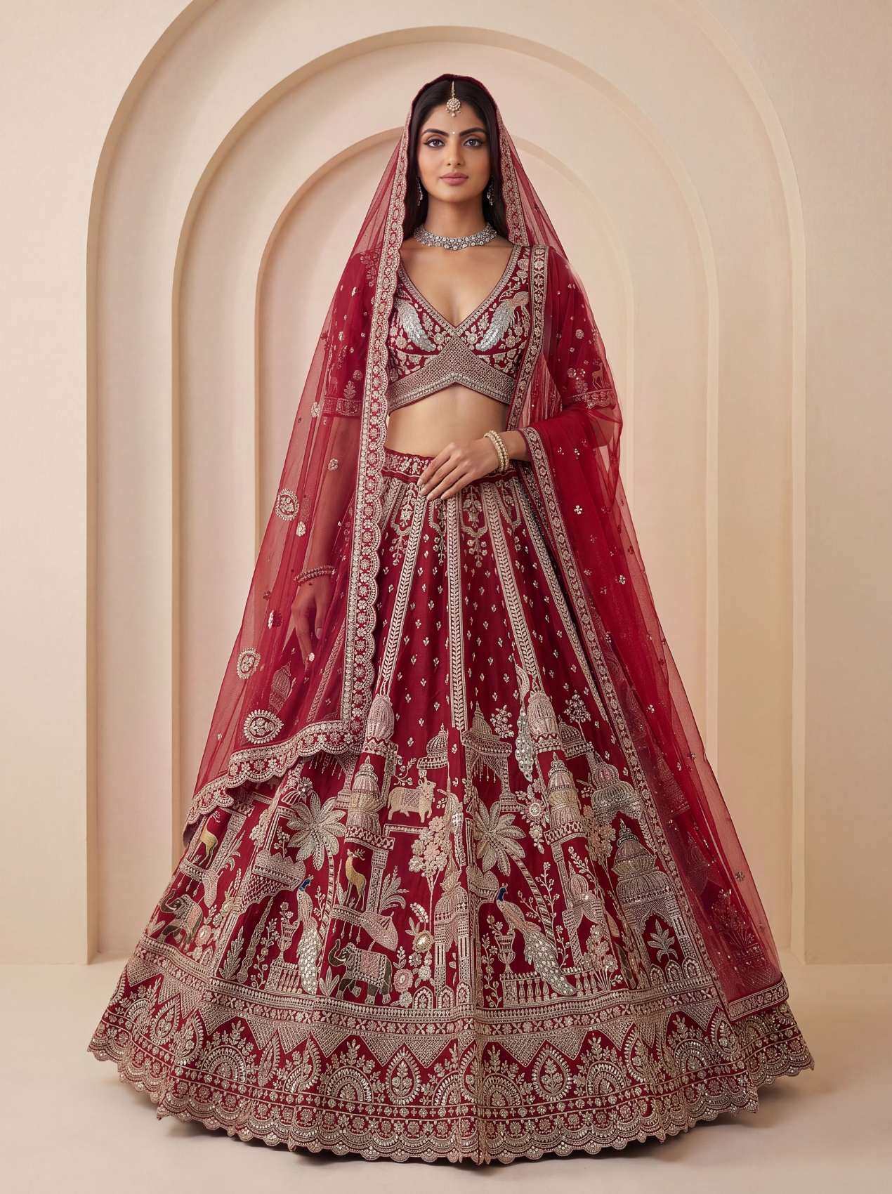 Red Peacock Handwork Silk Bridal Lehenga Choli
