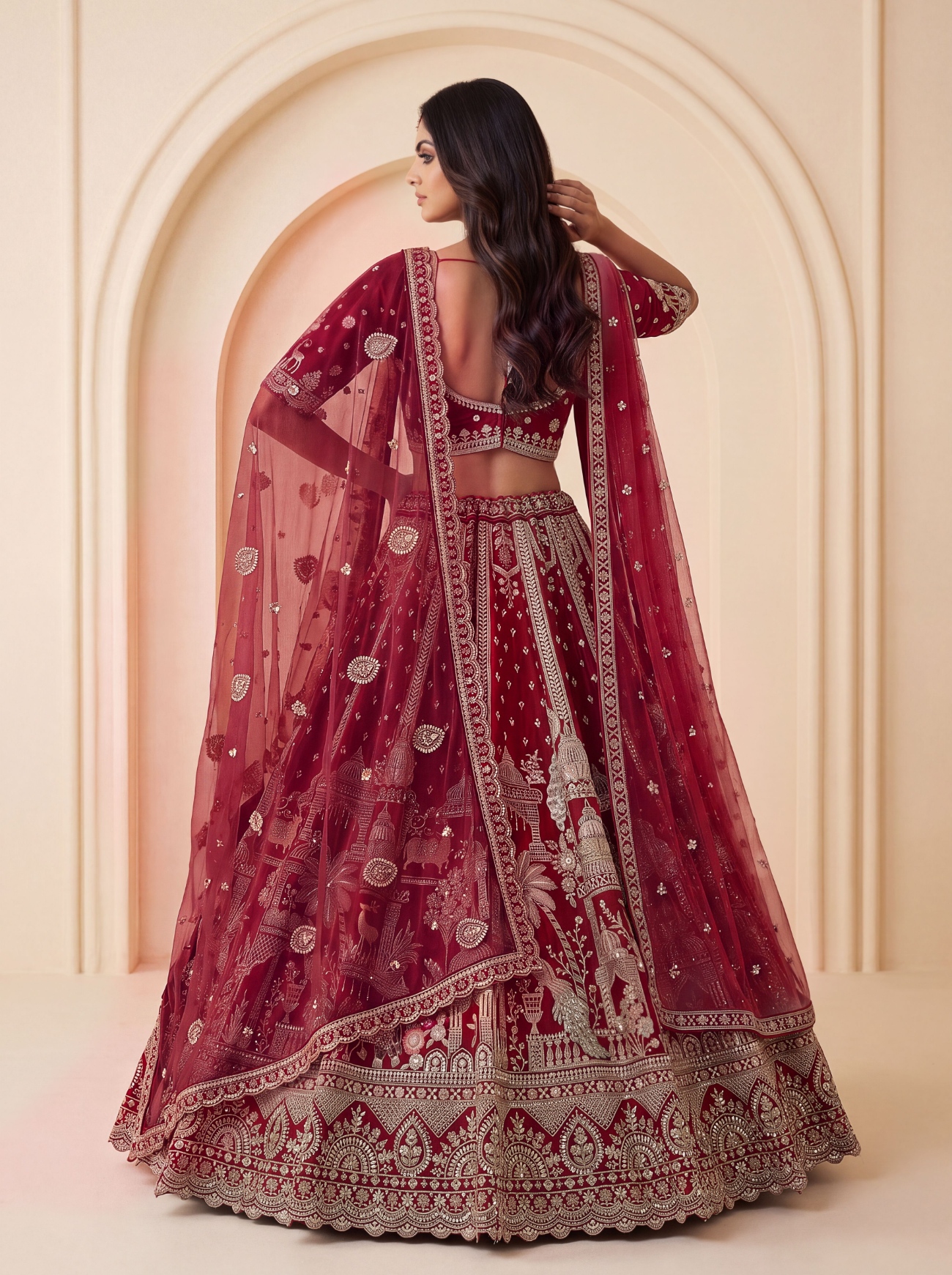 Red Peacock Handwork Silk Bridal Lehenga Choli — alternate view