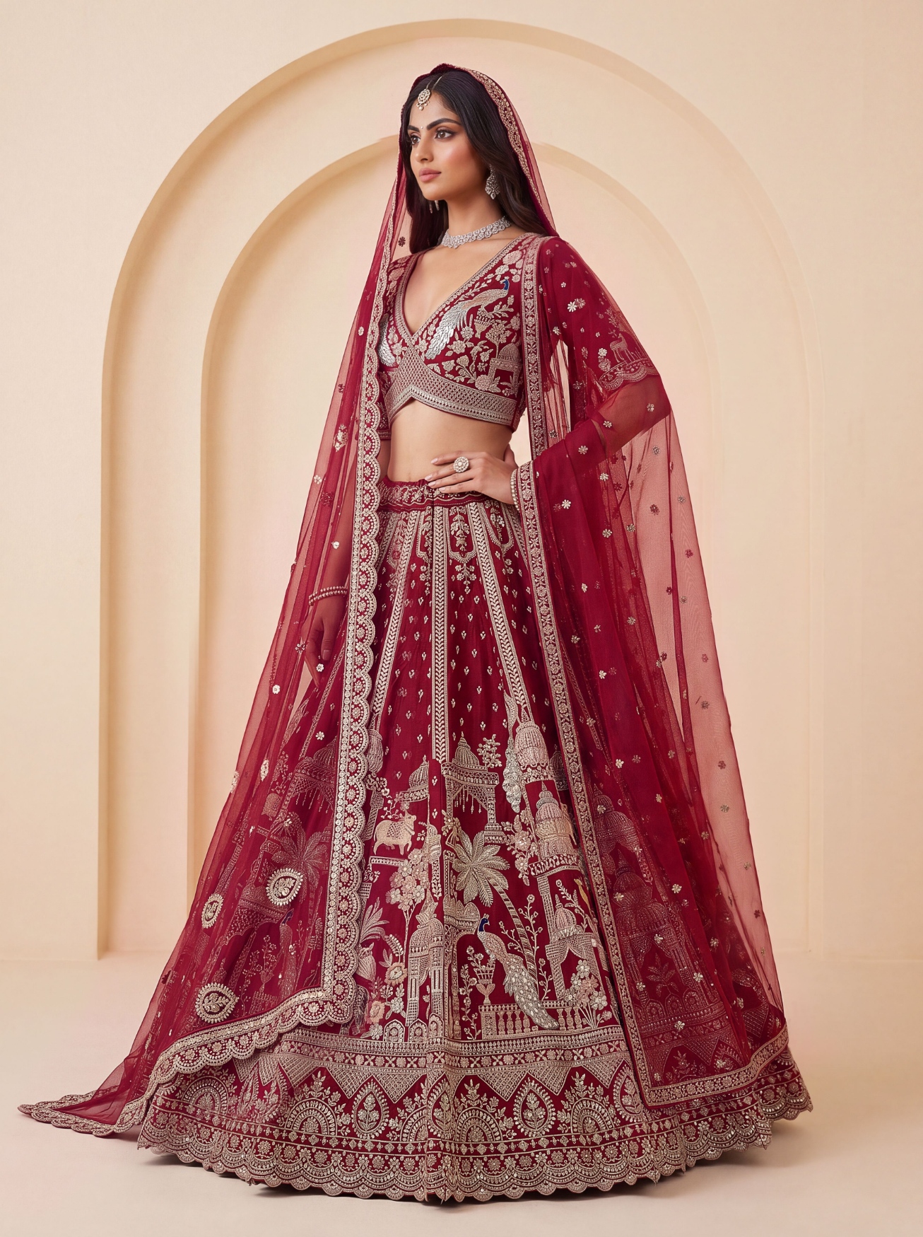 Red Peacock Handwork Silk Bridal Lehenga Choli