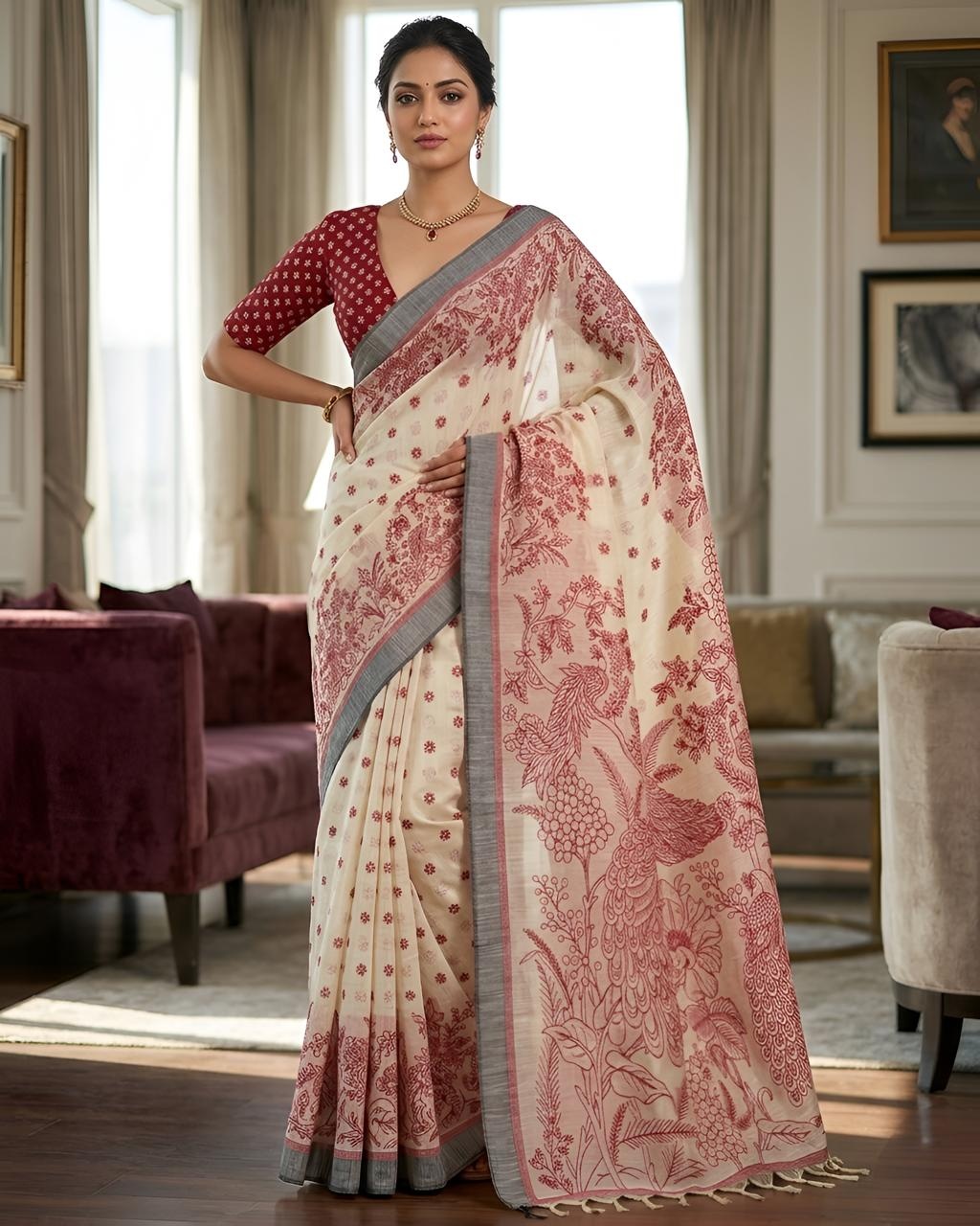 Red Peacock Heritage Printed Linen Saree