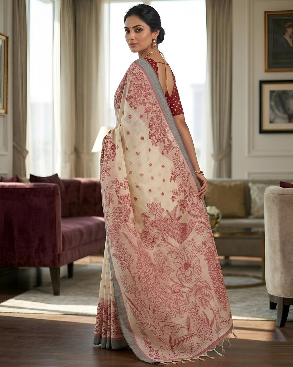 Red Peacock Heritage Printed Linen Saree — alternate view