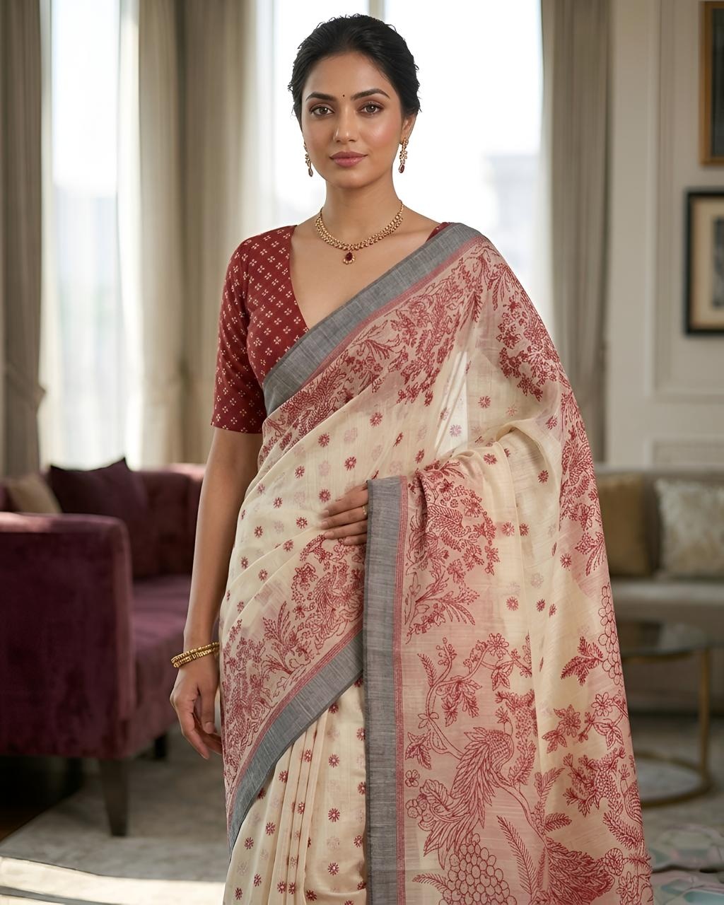 Red Peacock Heritage Printed Linen Saree